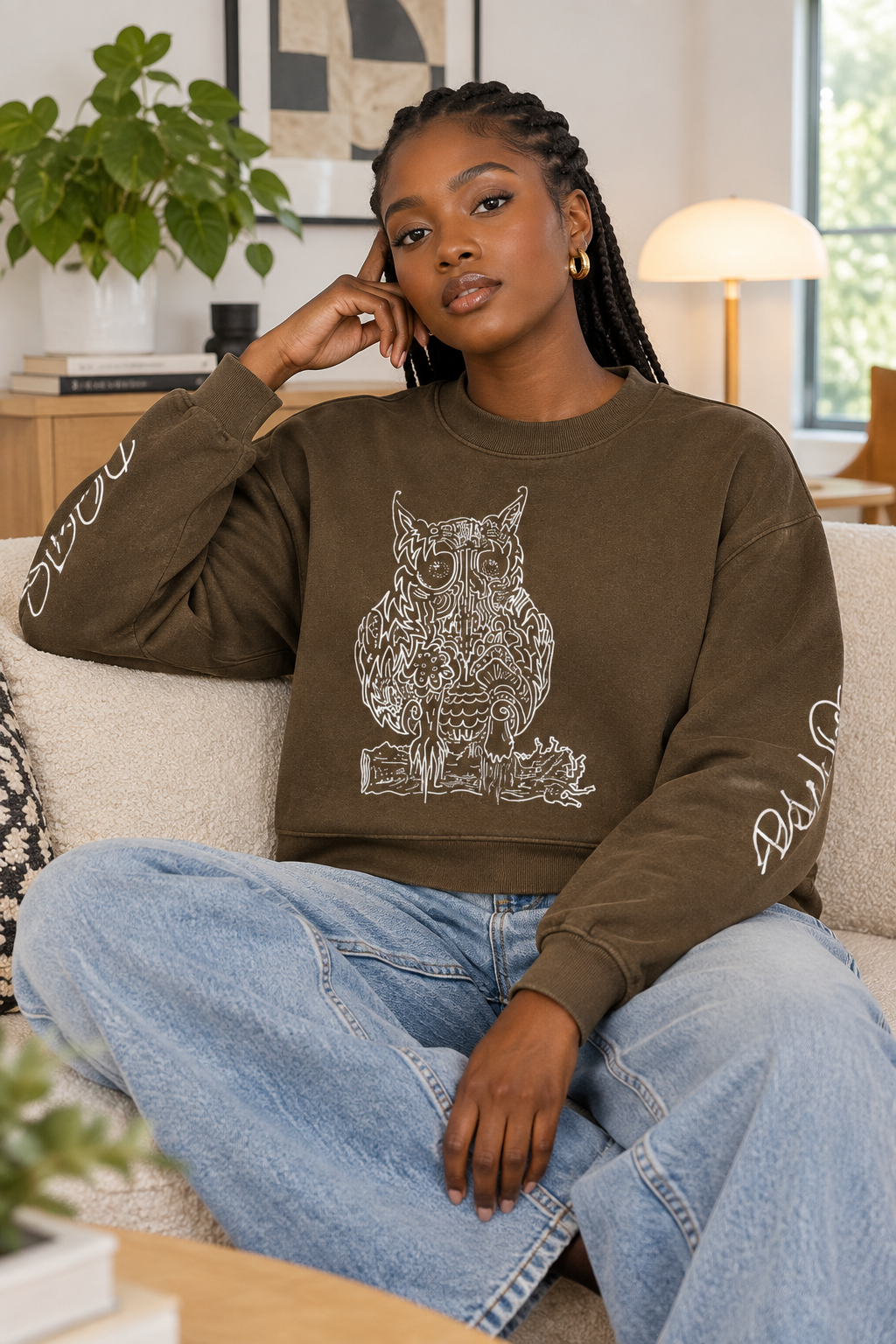 A brown crewneck sweatshirt featuring a white line art graphic of an owl on the chest, with white script text printed on both sleeves, displayed against a solid white background.
