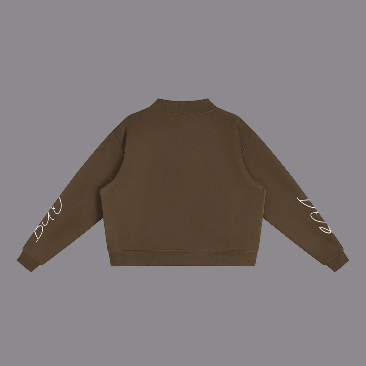 A dark brown cropped sweatshirt shown from the back, featuring long sleeves with small white graphic prints on the upper arms, set against a plain white background.