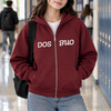 A maroon zip-up hoodie with 'DOS BUO' printed in white across the chest, displayed on a clean white background.