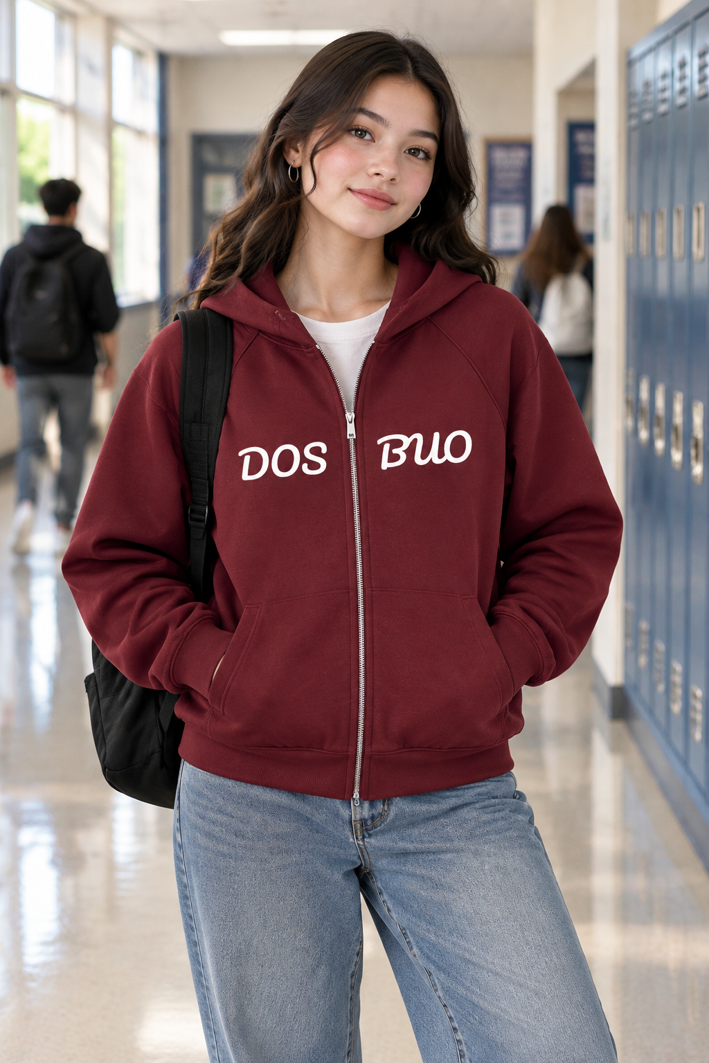A maroon zip-up hoodie with 'DOS BUO' printed in white across the chest, displayed on a clean white background.