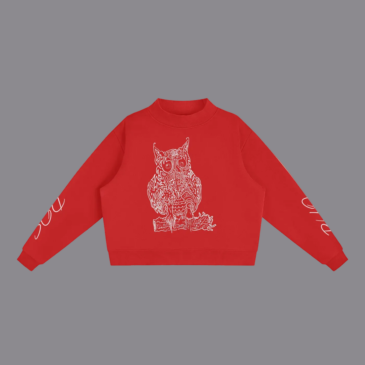A red cropped crewneck sweatshirt featuring a white line art graphic of an owl on the chest and white script text on both sleeves, displayed against a solid white background.