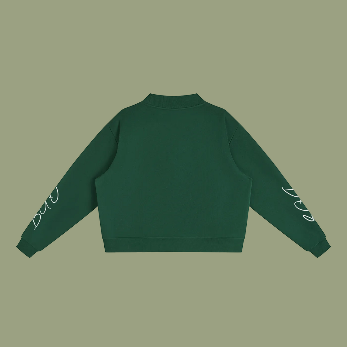 A dark green cropped sweatshirt with white script text printed on both sleeves, shown from the back against a plain white background.
