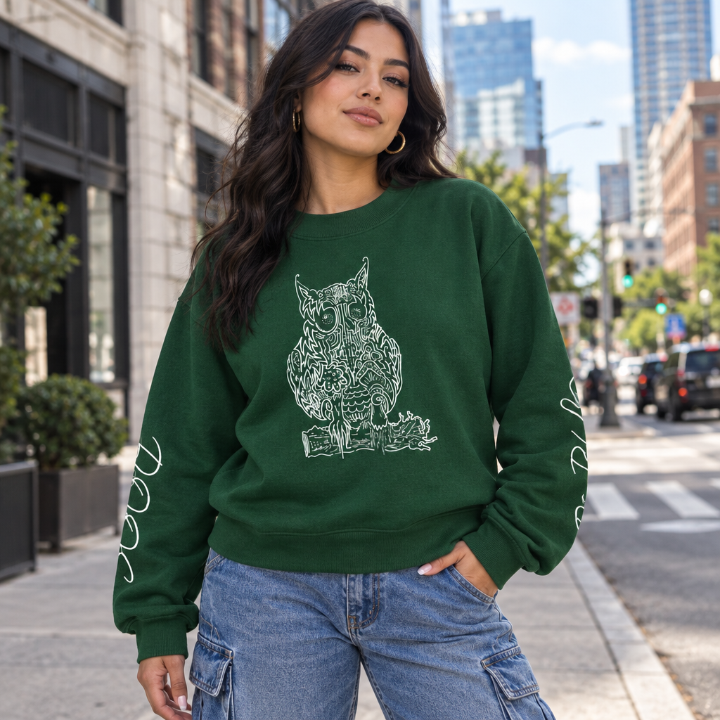 A dark green cropped crewneck sweatshirt featuring a white line art graphic of an owl on the chest, with white script text printed on both sleeves, displayed against a solid white background.