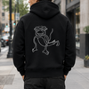 A black hooded sweatshirt shown from the back, featuring a white line art graphic of a cartoon monkey on the center back, set against a plain white background.