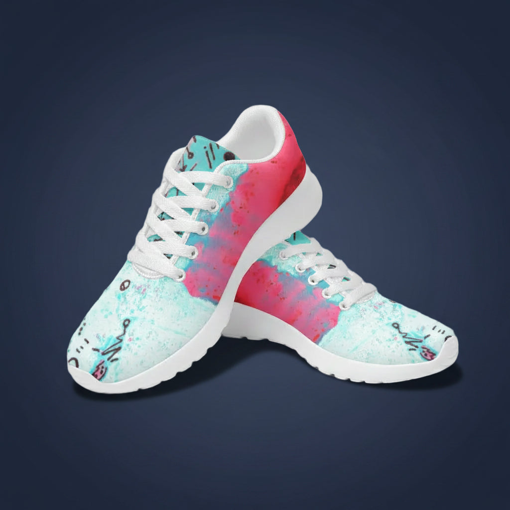 Colorful tie-dye sneakers with white laces on a white background