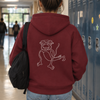 A maroon hoodie shown from the back, featuring a white line art graphic of a cartoon monkey on the center back, set against a plain white background.