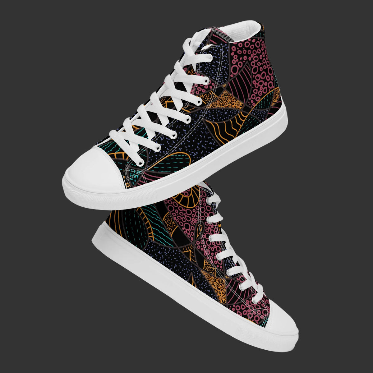 Men's white high top canvas shoes with inverted Some Jazz Schematic line art, front view