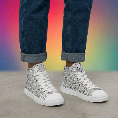 Men's "Dream Schematic #1" High Top Canvas Shoes by Brian Tohill — White, left side view