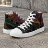 Men's white high top canvas shoes with inverted Some Jazz Schematic line art, left side view