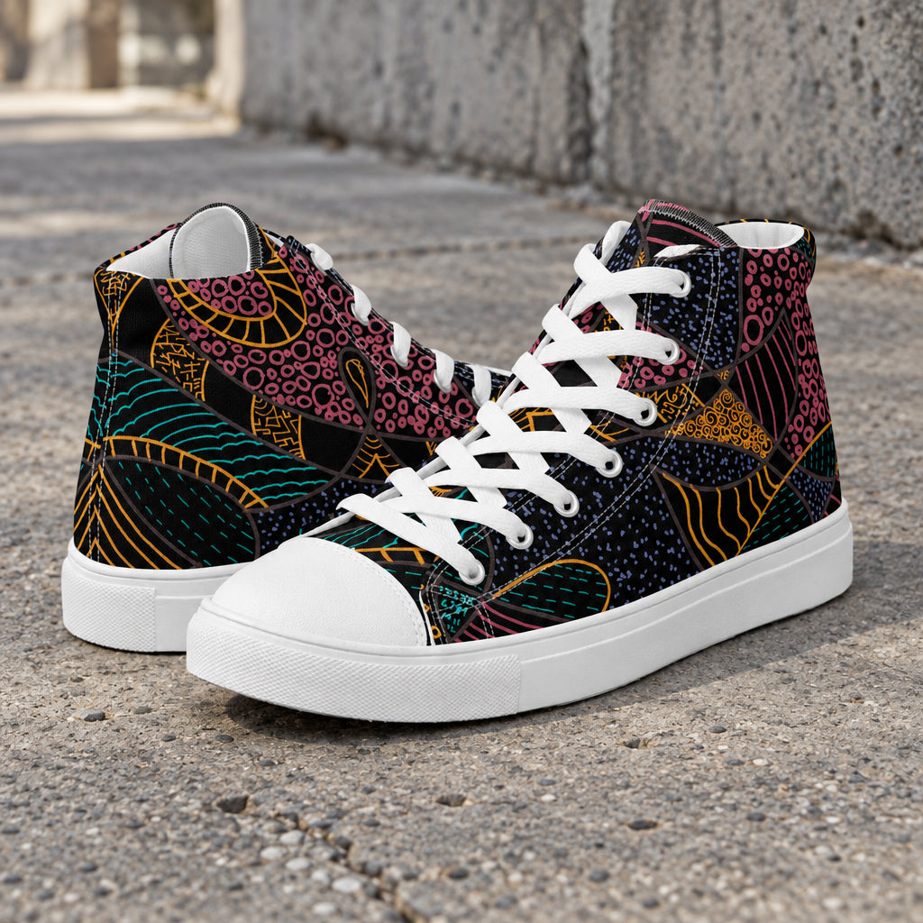 Men's white high top canvas shoes with inverted Some Jazz Schematic line art, left side view