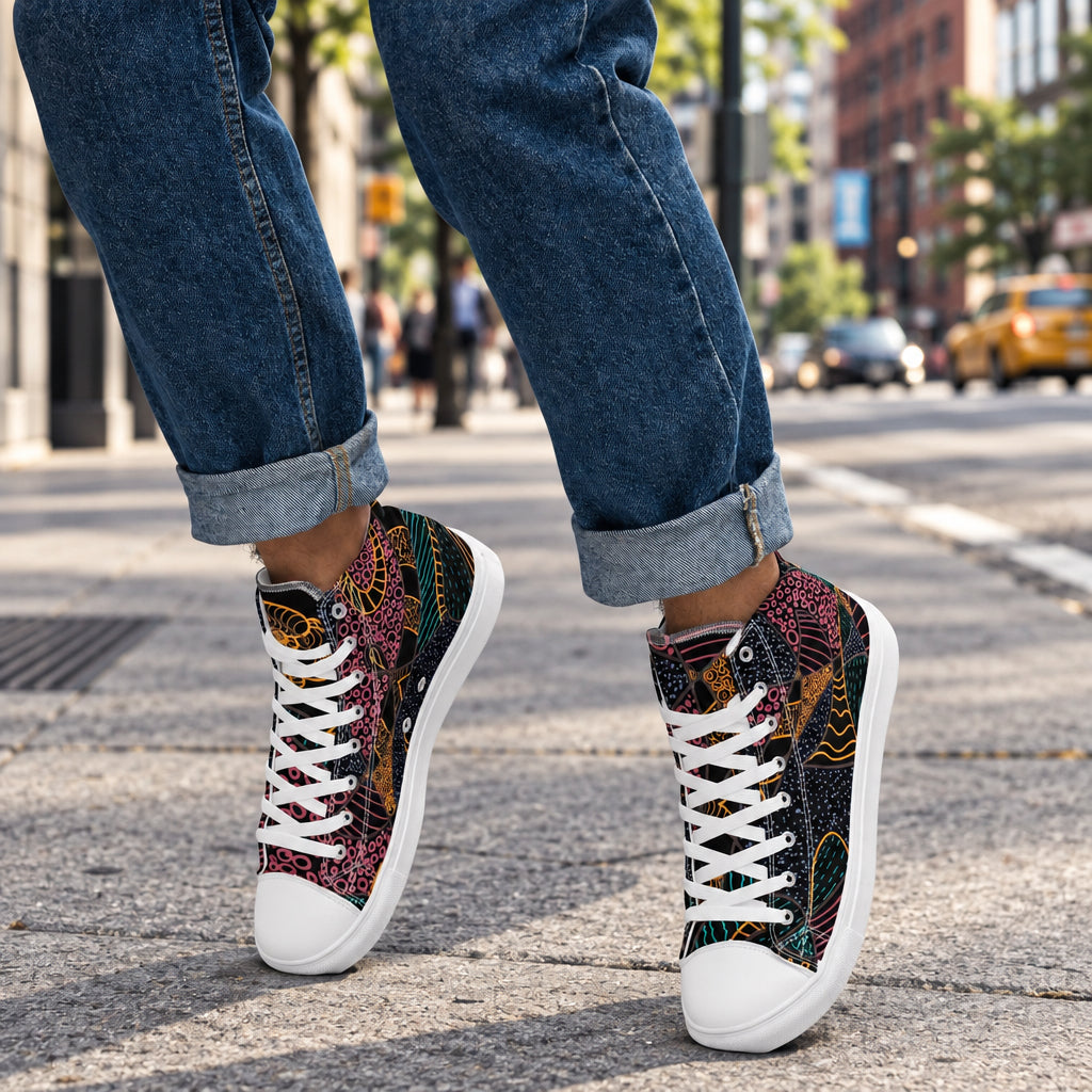 Men's white high top canvas shoes with inverted Some Jazz Schematic line art, additional left side angle