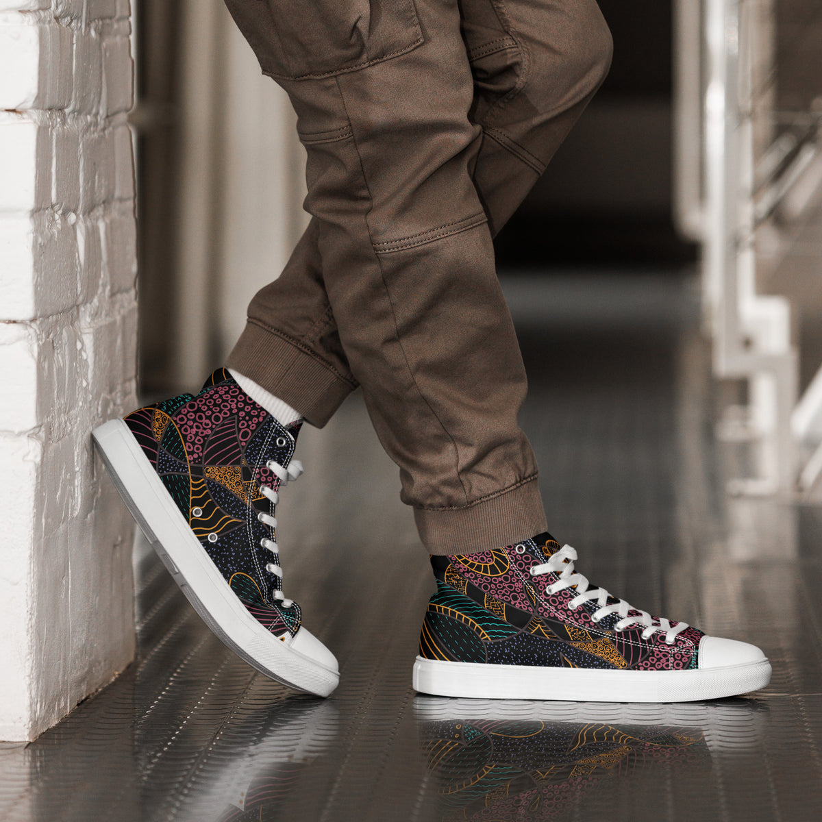 Men's white high top canvas shoes with inverted Some Jazz Schematic line art, additional right side angle
